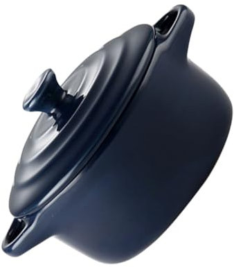 GRIRIW Double Handle Ceramic Stew Bowl Lid 230ml Microwave Oven Compatible Dark Blue Kitchen Soup Bowl for Home Cooking