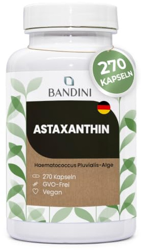 Bandini® Pure Astaxanthin 270 Kapseln, 9 Monate Vorrat (1 Kapsel pro Tag), Alge Haematococcus Pluvialis - Natürliches Astaxanthin, frei von Magnesiumstearat, GMO-frei