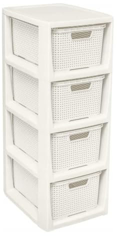 Storage Unit With Baskets Drawer Organizer Tower Cabinet 3 Sizes 2 Colors Rattan Storage Solution Modern Bathroom Laundry Bedroom Compact Multi-functional (White, 4 Baskets Unit)