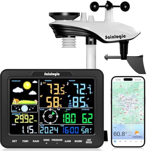 Sainlogic Stazione Meteorologica Intelligente WiFi Senza Fili, Previsione Meteo IA 24/7 Weatherseed®, Allarme App/Email, Anemometro e Pluviometro Digitale, Archivio Dati di 2 Anni