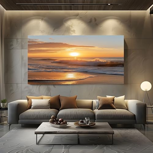 Leinwand Bilder 80x160 cm Panorama Wandbilder Modern Rahmenlos | Hawaii - Strand in Gold Großes Leinwand Gemälde Als Deko für Wohnzimmer, Schlafzimmer oder Büro