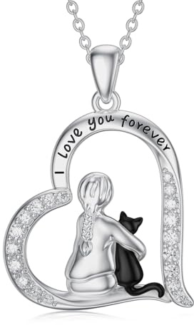 LONAGO Black Cat Necklace for Girl 925 Sterling Silver I Love You Forever Cute Cat Pendant Necklace Jewelry