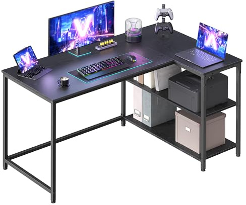 VASAGLE L Shaped Corner Desk, Computer Gaming Desk with Storage, Reversible Height-Adjustable Shelves, for Home Office, 120 x 80 cm, Ebony Black LWD136BE01