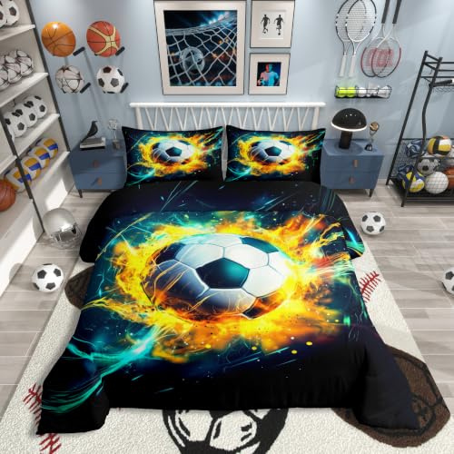 Homewish Fußball Jungen Bettwäsche Dynamische Flammen Bettbezug Set 135x200 | Kinder Teenager Fußball Sport Design Bettset Mikrofaser Wohndekor Ballsportbegeisterte Männer Bettwäscheset