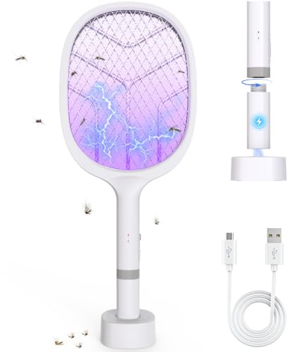 Raqueta Mosquitos Electrica: 4800V Matamoscas Electrico con Trampa de luz UV, 2 en 1 con USB y Batería Recargable de 2000 mAh, Raqueta Matamoscas Electrica Desmontable con Estación de Carga