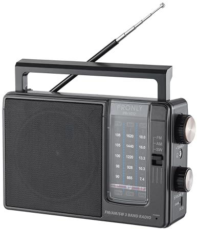 PRONLY Tragbares AM/FM-Radio, Batteriebetriebenes Radio mit 800-mAh-Li-Ion-Akku, Großem Lautsprecher, Kopfhöreranschluss, DC 5 V, für Zuhause und Draußen, Schwarz (PR-1012)