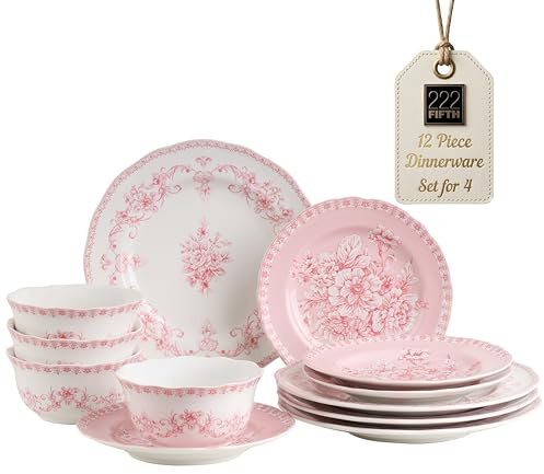 222 Fifth Genevieve 12-Piece Pink Porcelain Dinnerware Set | Microwave and Dishwasher Safe Big Dinner Plates and Bowls Sets for 4 | Stackable, Chip-Resistant Ceramic | Gifts for Housewarming & Wedding