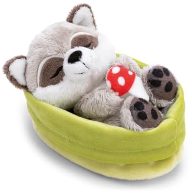 NICI Kuscheltier Waschbär mit Fliegenpilz schlafend im Körbchen - 63123 | Weiches Stofftier aus Plüsch zum Liebhaben, Knuddeln & Spielen, tolles Plüschtier Geschenk für Kinder & Erwachsene