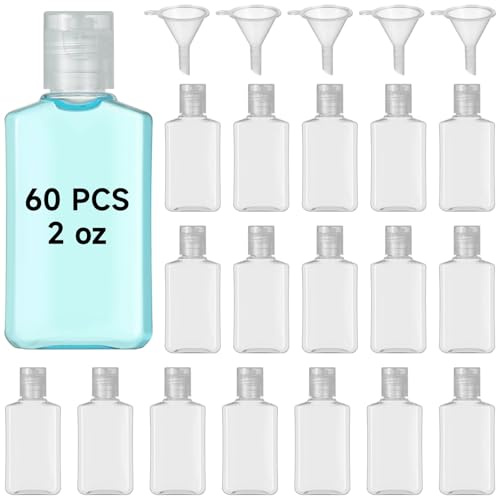 60 Stk. Reiseflaschen 2 oz, kleine Plastikflaschen mit Klappdeckel, Squeeze-Flaschen zum Nachfüllen, Kosmetikbehälter mit 5 Trichtern, transparent für Duschgel, Gesichtscreme, Bodylotion