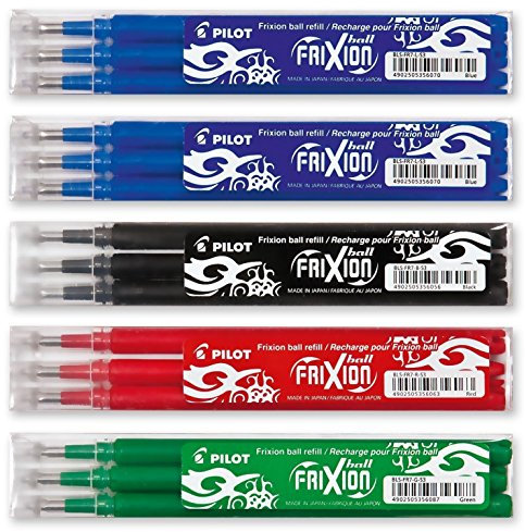 Pilot FriXion Ball Tintenroller - 4 Ersatzminensets zu 6Stk in blau und je 3 Stk. in den Farben schwarz, rot, grün (15, sortiert)