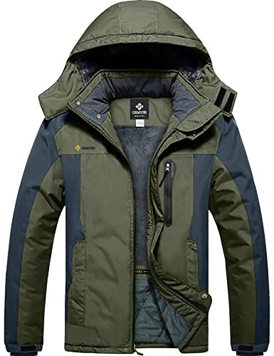 GEMYSE Herren Wasserdichte Berg-Skijacke Winddichte Fleece Outdoor-Winterjacke mit Kapuze (Armeegrün Grau,S)