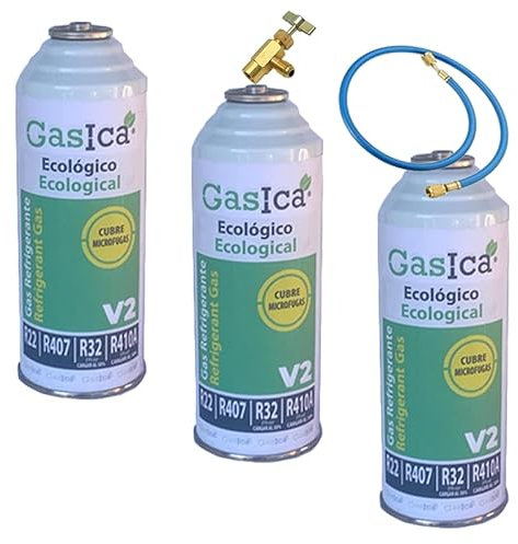 REPORSHOP - 1 Botella Gas Gasica V2 226Gr Alternativo R22, R32, R407C, R410A Freeze (3 Botellas+Val+Man)