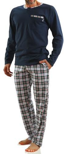 sesto senso Herren Schlafanzug Lang Baumwolle Pyjama Langarm Shirt mit Tasche Pyjamahose Zweiteilig Set Bunt Nachtwäsche XL Dunkel Blau