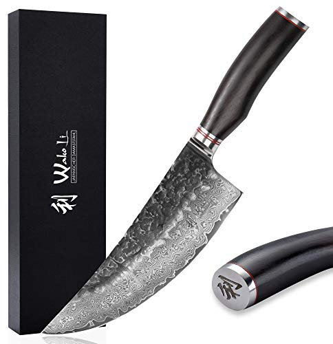 Wakoli Ebo Damastmesser Kochmesser I 20 cm Klinge aus 67 Lagen I Damast Küchenmesser & Profi Kochmesser aus echtem Damaststahl mit Hammerschlag & Pakkaholzgriff