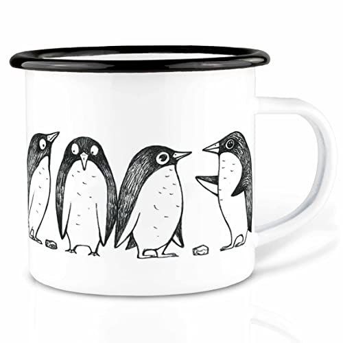 Ligarti Emaille Tasse (leicht & robust) | Camping Becher handveredelt in Deutschland | Trinkbecher für Kinder, Kaffeetasse, Emaillebecher | Pinguin Duo (Pinguin Lovestory, 300ml)