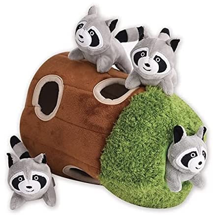 Glow Pups Baum mit Verstecken und Seek Hundespielzeug, Holztier Plüschtiere, Burrow Interaktives Hundespielzeug, Puzzle Spielzeug für kleine und mittelgroße Hunde.(Baum mit Waschbären, Medium)