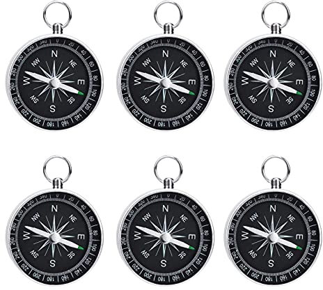MsdeBersSKER 6er Set Taschenkompass Kinder Portable Kompass Mehrere Funktionen Schlüsselanhänger Silber Hohe Präzision und Stabilität für Camping Wandern Sportnavigation Spielzeug Geschenk