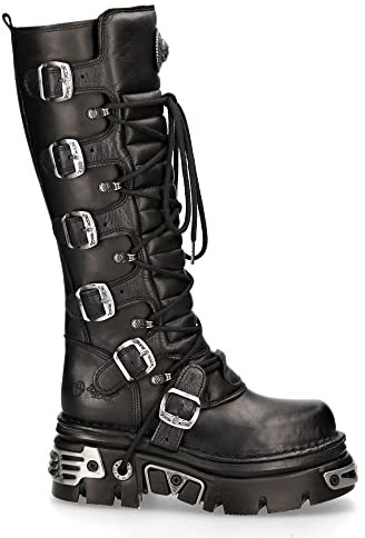 New Rock Stivali al Ginocchio 272 s1 Unisex con Lacci Fibbia e Tacco Piattaforma nero