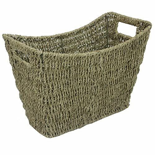 Vintage Rustic Seagrass Wicker Baskets for Magazine Rack Newspaper Holder Storage Organizer Straw Wire Woven Basket Hamper Bin with Handles For Home & Office Living Room Bathroom Kitchen Decor Brown