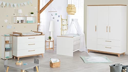 roba Set 'Finn', inkl. Kombi-Bett 70 x 140 cm, Wickelkommode & 3-türigem Schrank, 'Weiß'/'Goldeiche'