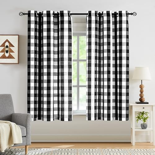 Jubilantex Halbtransparente Vorhänge mit Büffelkaro, kariert, strukturiert, Landhaus-Ösen, Fenstervorhänge für Wohnzimmer, Schlafzimmer, Kinderzimmer, 2 Bahnen, 101,6 x 137,2 cm, Schwarz / Weiß