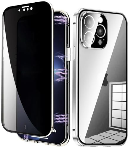 Astter Privacy Case for iPhone 14 Pro Max,360 Degree Full Body Protection Anti-peeping Tempered Glass Cover,Anti Spy Screen Protector,Magnetic Adsorption Metal Cover+Camera Lens Protector-Silver