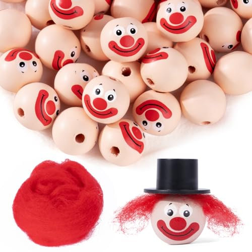 BOFUNX 40 Stücke Holzperlen mit Clown Gesicht 20mm Holzkugeln mit Loch + 5g Filzwolle Märchenwolle für Kölner Karneval Clown Basteln DIY Handwerk