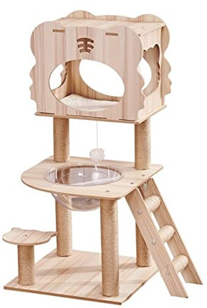 Katzenkletterbaum, Katzenklettergerüst, Kratzbaum mit integrierter Doppelraumkapsel, Doppelstreu, Katzenstreu, Tiger, mehrstöckige Katzenvilla, Katzenbaum (Größe: Gold) Vision