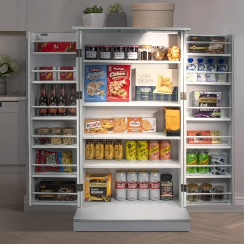 Ezigoo Pantry Cabinet with Motion Sensor LED Freestanding Perfect for Kitchen Pantry, Larder Cupboard, and Kitchen Units