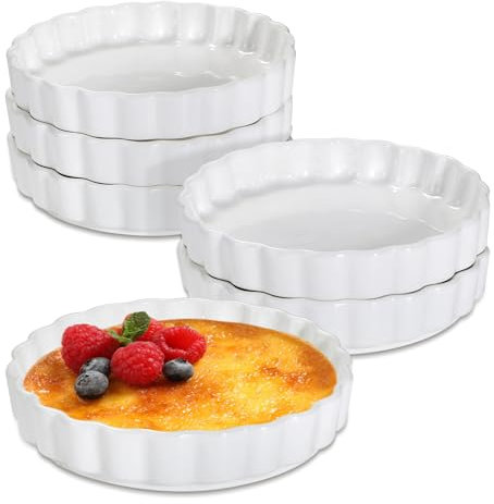 Shallow Creme Brulee Ramekins 6 oz Oven Safe Set of 6, Vidalenta Ceramic Souffle Quiche Baking Dishes Muffin Pudding Mini Tart Pans Pie Pans, White