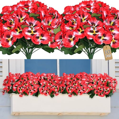 SOMYTING 10 Bündel Kunstblumen wie Echt Balkon Künstliche Blumen Außenbereich UV-beständig Wetterfest Künstliche Balkonpflanzen Balkonblumen für Haus Fensterbank Hochzeit Dekor (Rot)
