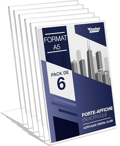 Soporte para carteles de acrílico inclinado, A5, marco de anuncios de retrato, marco de fotos transparente para carteles, folleto, folleto, pantalla. Tablero de mensajes de plástico (A5 - 6 Unidades)