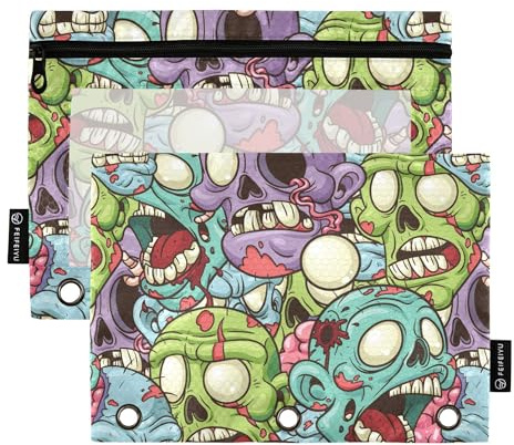 Wudan Bunte Schreiende Zombie 3-Ring-Bleistiftetui, 2 Stück, transparent, recycelt, Federmäppchen, Bürobedarf, Zubehör, Farbenfroher schreiender Zombie, one sizex2