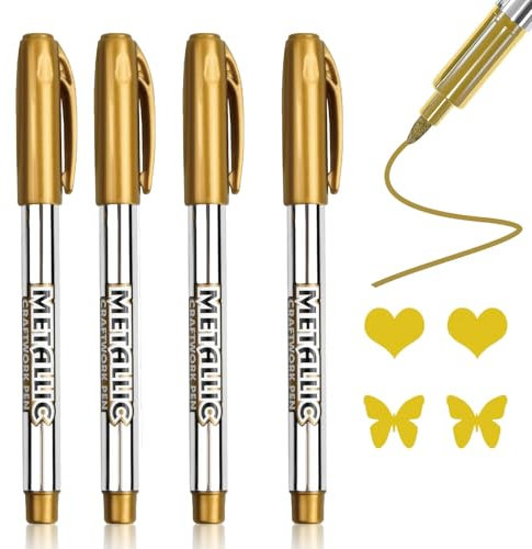 Rumgug 4Pcs Pennarelli Oro e Argento, Marcatore a Vernice Lucida Paint Marker Pennarelli Metallici in Oro set Pennarello Indelebile MarkerPenne per Ceramica Vetro Artigianato Carta Metallo Legno