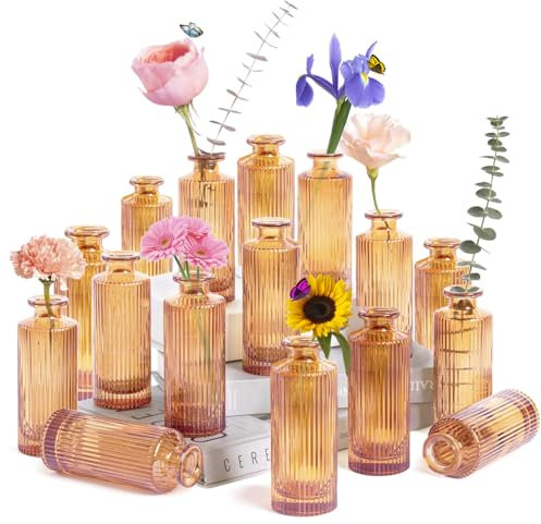 Sawoake Kleine Vasen, 16 Stück Glasvasen für Tischdeko Mini Vasen Glasfläschchen für Zuhause, Hochzeiten, Geburtstage, Feste (Bernstein Vertical)