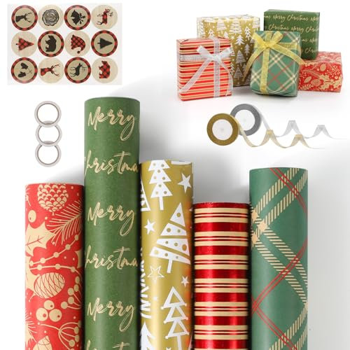 5 Rollen Geschenkpapier Weihnachten, 43 x 300cm Gold Grün Wrapping Kraftpapier, 5 Verschiedene Muster Geschenkpapierrolle, Geschenkpapier Weihnachten Set,Weihnachtspapier Set für Geschenkverpackung