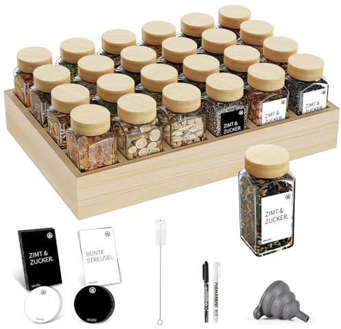 Miorkly 24 Pcs Gewürzgläsern mit HolzRegal -Gewürzdosen Holz Deckel-Gewürzstreuer inkl.Etiketten,Trichter-Gewürz Organizer passend für alle Schubladen Schublade-Gewürze Aufbewahrung
