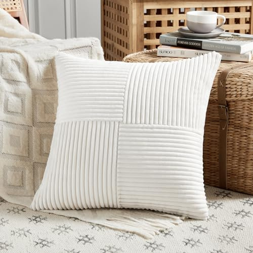 FDTERN Federe Cuscini Bianco Latte 45x45 per Divano in Velluto a Coste Moderno Morbido Motivo a Croce Decorativa Copricuscini con Cerniera Invisibile per Divano Camera da Letto