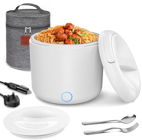 Herrfilk 100W Electric Lunch Box Food Heater, 1.2L Thermal Lunch Box with Insulated Lunch Bag, Spoon and Fork, Heated Lunchbox with 230V Home/Office &12V 24V Car/Truck Cables, Gifts for Dad, Driver