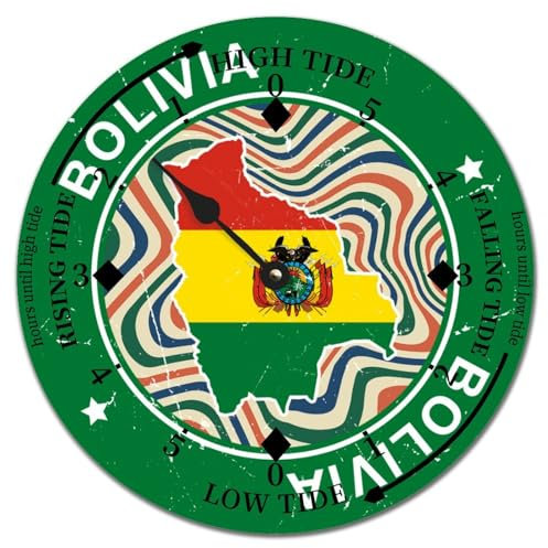 Yelolyio Bolivien, runde Wanduhr, Mond, Gezeitenuhr, Bolivien-Flagge, Karte, Ozeanzeit, Wanduhr, Holzuhr, Küstenuhr mit hoher und niedriger Gezeitendekoration, für Strandhaus, 38,1 x 38,1 cm