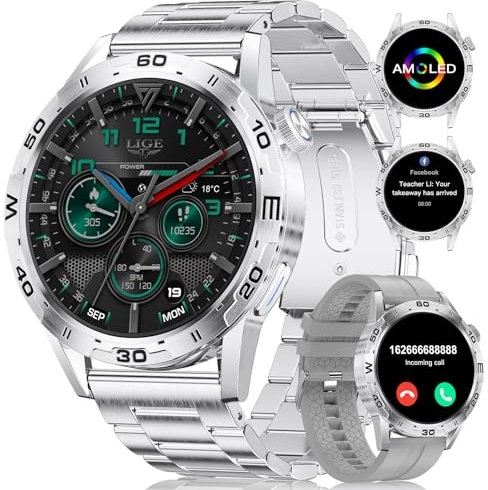 LIGE Smartwatch da uomo con funzione telefonica, 1,43 pollici, AMOLED Screen Fitness Tracker con durata della batteria di 30 giorni, frequenza cardiaca/sonno, IP68, impermeabile, 100 + modalità