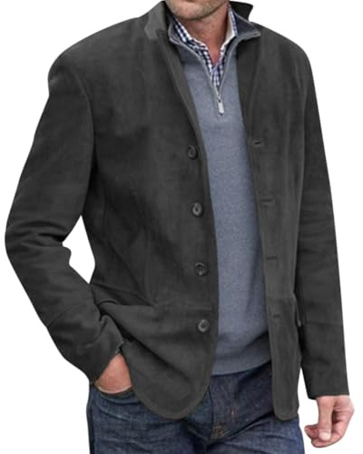 Onsoyours Blazer Décontracté à Col Montant pour Homme avec Poche à Revers et Manches Longues en Daim Vintage Décontracté Slim Bouton Costume d'affaires Blazer Veste B Grisfoncé XL