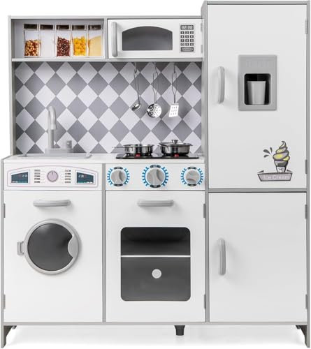 FANTASK Cocina Infantil de Madera para niños a Partir de 3 años, Cocina de Madera con luz y Sonido, Cocina de Juguete con vitrocerámica, Lavadora, Horno, microondas, Accesorios de Cocina