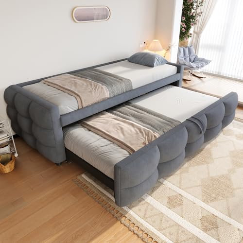 A ALFRESCOOL Polsterbett Ausziehbares Schlafsofa 90/180 * 190cm, Puffbett, Teddy Samt Stoff, Einzelbett, Doppelbett, Mit Lattenrost, Multifunktionsbett, Grau