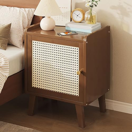 Nachttisch mit Rattan-Schublade, kompakter Nachttisch für kleine Räume, Braun, 31 x 26 x 38 cm