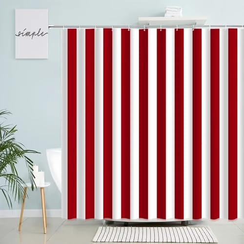 Tenda Doccia 120x200 Righe Rosse e Bianche per Il Bagno,Tenda da Vasca a Righe Verticali Geometriche con Ganci,Impermeabile,Resistente e Lavabile per Vasca da Bagno e Box Doccia 120Lx200A cm (1 Panne