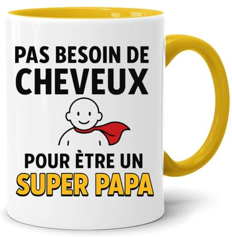 JungleMug – Cadeau fête des pères papa | Tasse “Pas besoin de cheveux pour être un super papa” | Mug rigolo pour homme chauve | Idée cadeau humour, Blanc