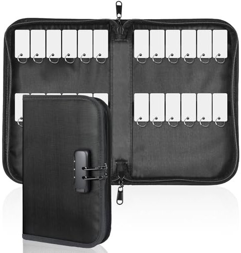 Uniclife Reißverschluss Schlüsselbox, wasserdichter und feuerfester Schlüsselhalter mit Zahlenschloss und 24 Klettverschluss-Schlüsselanhängern, tragbare Schlüsselhalter Tasche für Hotels und Büros