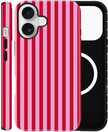 ZOEVEES Magnetic Case for iPhone 11, Compatible with MagSafe, Aesthetic Striped Cute Design for Women, Hybrid 2-Layer Hard Shell Phone Cover, Hot Pink