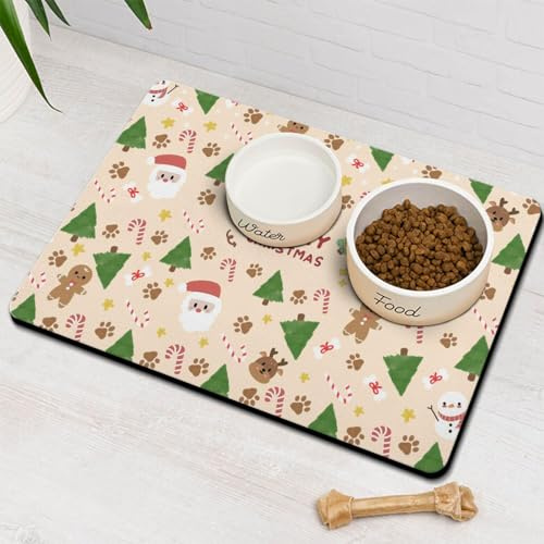Christmas Dog Food & Water Mat, Paw Prints Santa Claus Snowman Xmas Pet Feeding Mat for Floor Non-Slip Waterproof, Super Absorbent Cat Bowl Mat, Easy to Clean Pet Placemat,16 × 24